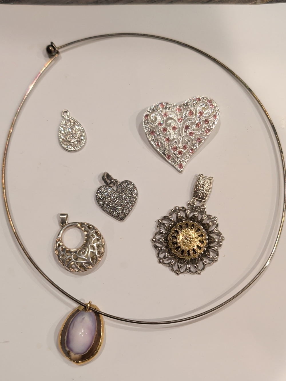 Vintage Rhinestone Pendants, Brooch, & Gold Agate Omega Choker Necklace